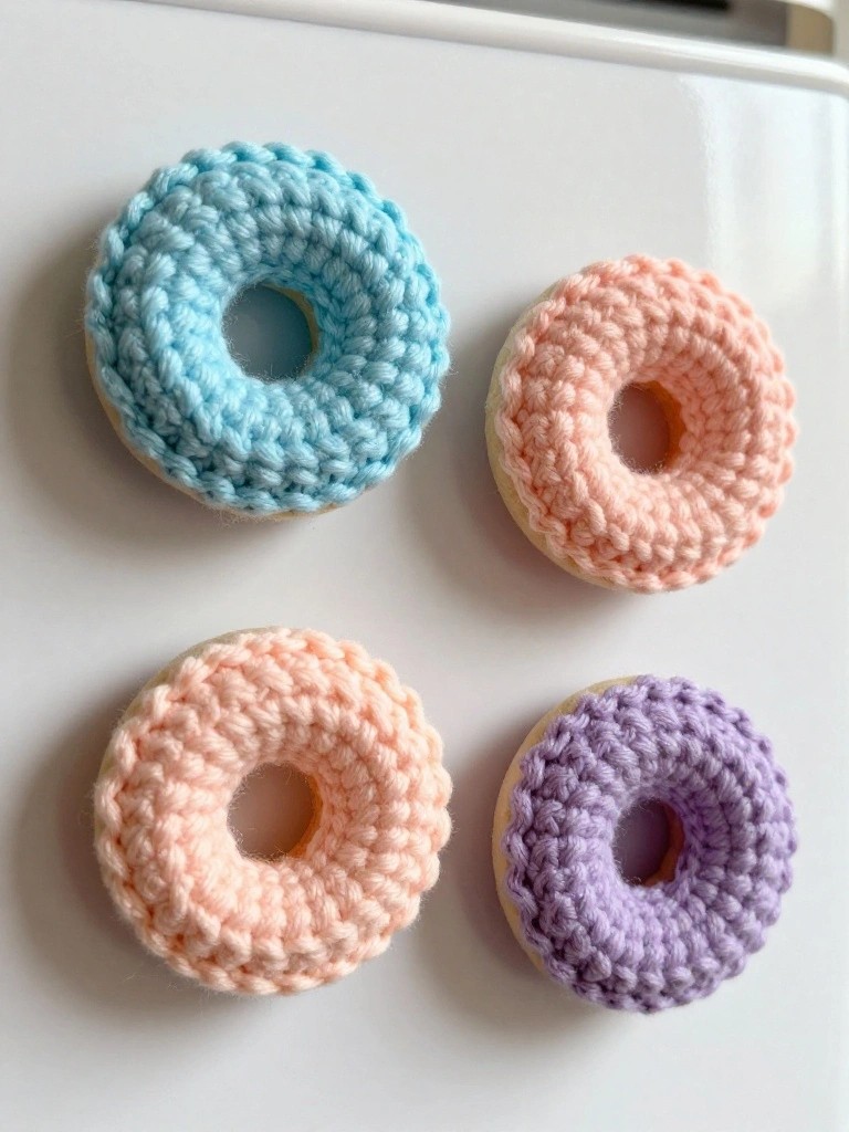 Four crocheted donut magnets in aquamarine, two shades of pink, and lilac attached to a white fridge door.