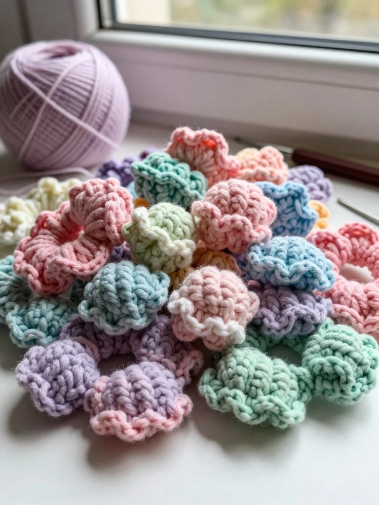 Cluster of handmade pastel crochet scrunchies with ruffled edges on a windowsill beside purple yarn and a hook.