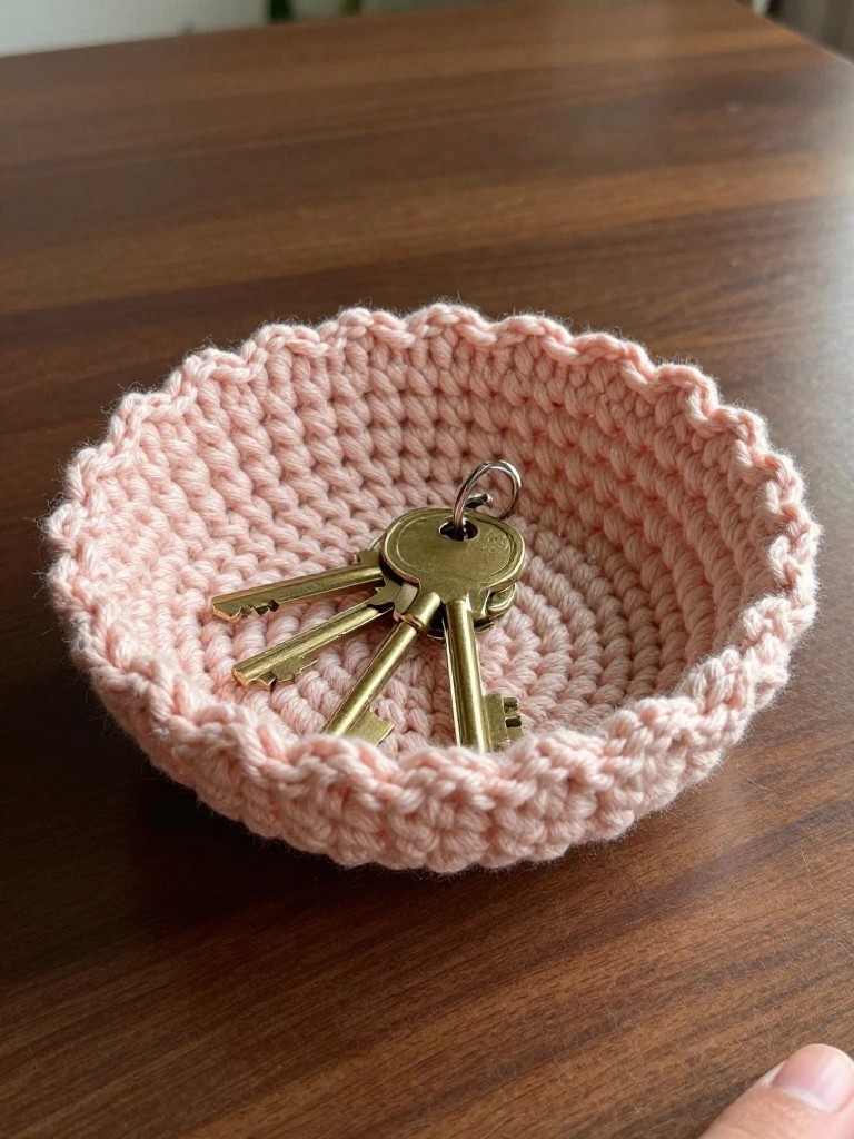 Close-up of a fuzzy pink crocheted bowl with a ruffled scalloped edge holding gold keys on a wooden table.