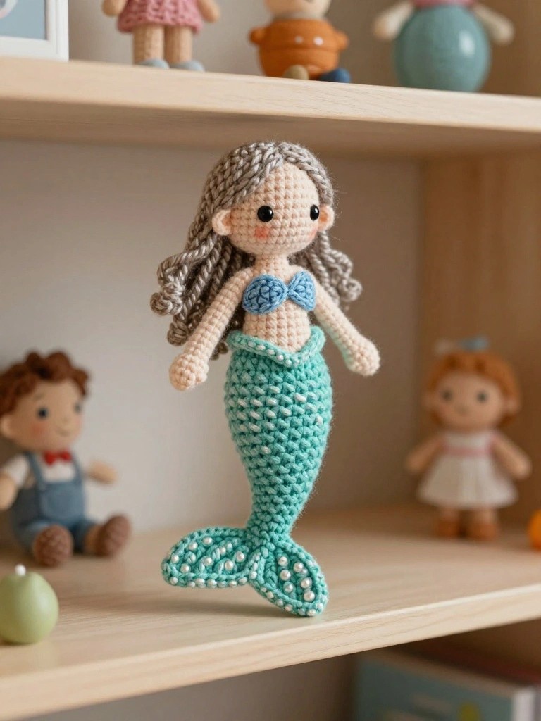 Crocheted teal mermaid doll with long gray braided hair, blue top, and scaled tail displayed on a wooden shelf with other small handmade toys.