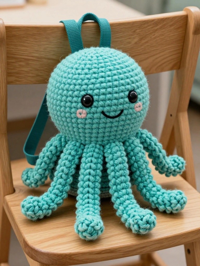 Turquoise crocheted octopus backpack with smiling face, pink-outlined eyes, dangling tentacles, and teal straps, seated on a wooden chair.