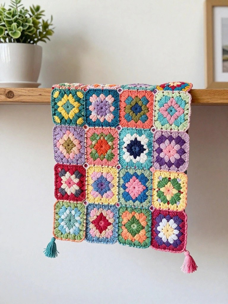 Colorful crocheted granny square runner with pink tassels draped over a wooden shelf beside a potted plant and framed photo.