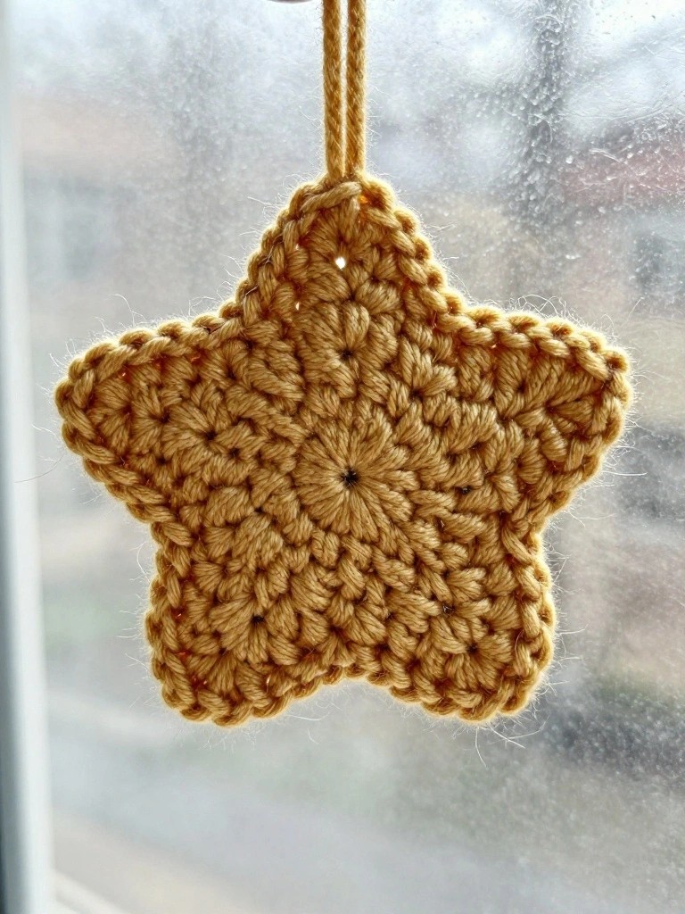 A crocheted golden star ornament with fluffy texture hangs from a yarn loop in front of a window.