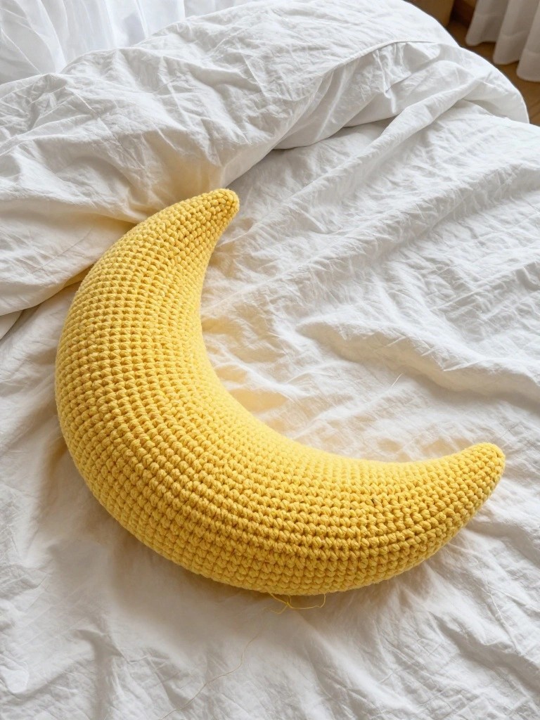 Bright yellow crocheted crescent moon pillow resting on white bed sheets.