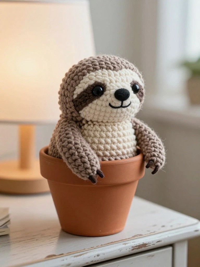 Crocheted brown and cream sloth plush with dangling arms sitting in a terracotta pot on a wooden table next to a lamp.