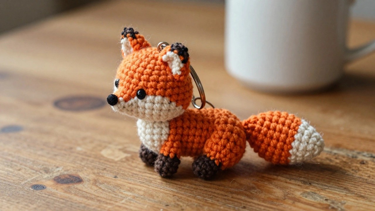 A small handmade crocheted orange fox amigurumi with white accents and a keyring attached to its head, sitting on a wooden table next to a white mug and potted plant.