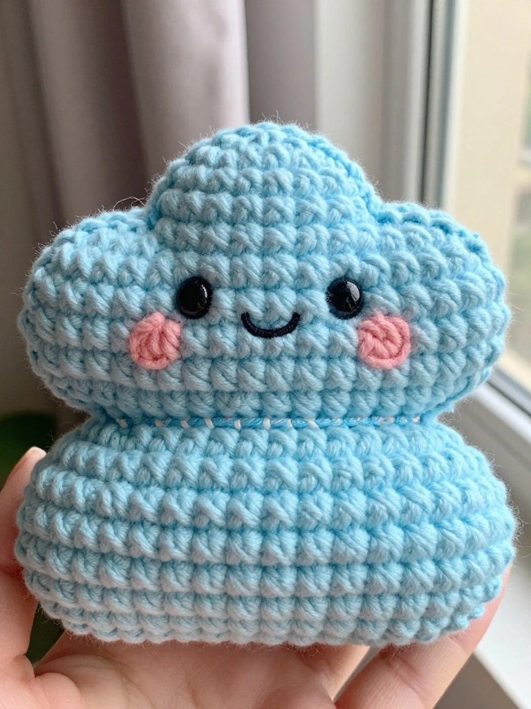 Handheld light blue crocheted cloud plushie with big black eyes, pink blushing cheeks, and a smiling mouth, shown against a window with greenery in the background.