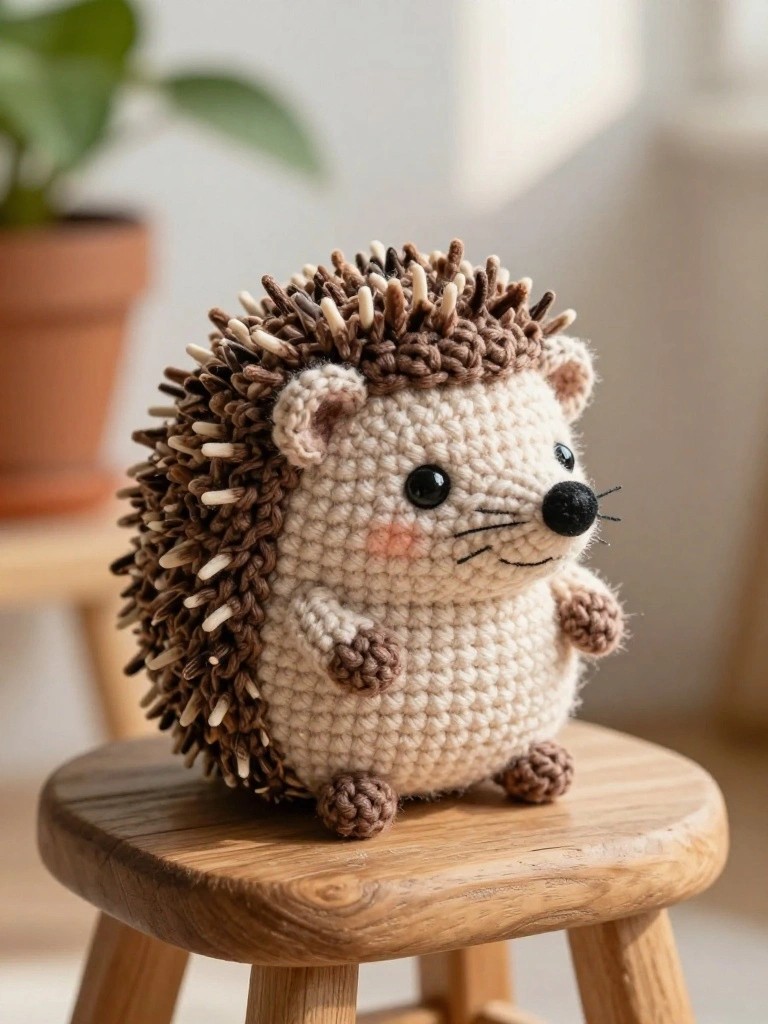 Handmade crocheted hedgehog plush in cream and brown yarn with spiky quills sits on a wooden stool next to potted plants.