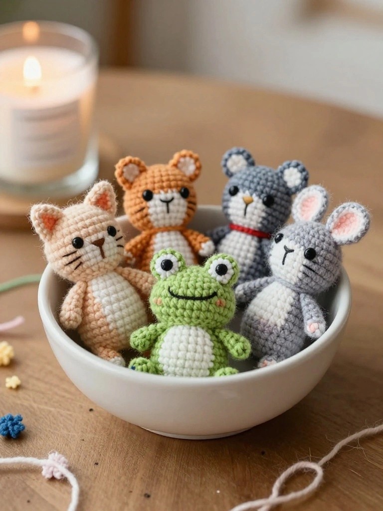 Five small colorful crochet animals including a green frog, cream cat, orange plush toy, gray mouse, and gray kitten sit together in a white bowl on a wooden table with yarn nearby.