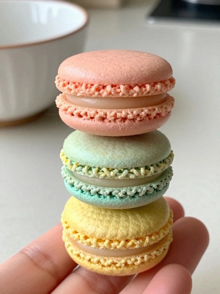 A hand balances a stack of three tiny macarons with pink ruffled top shell, mint green middle, and yellow base, each showing cream filling, beside a white bowl on a kitchen counter.
