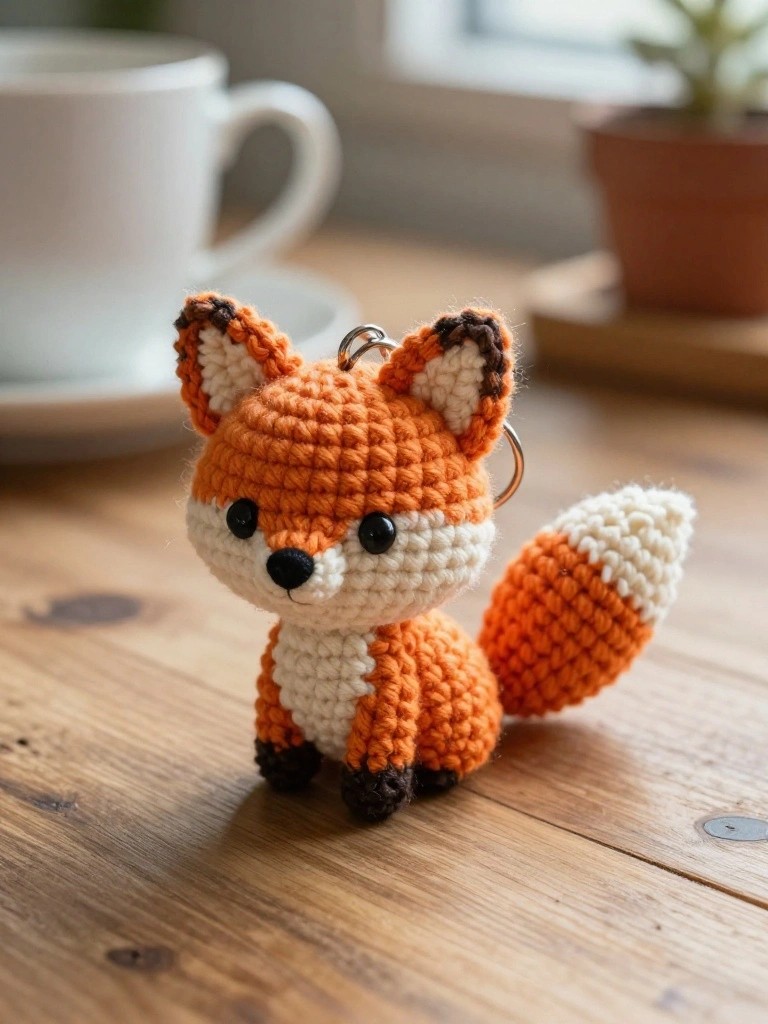 A small handmade crocheted orange fox amigurumi with white accents and a keyring attached to its head, sitting on a wooden table next to a white mug and potted plant.