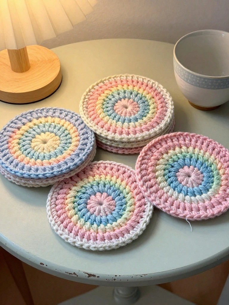 Round crochet coasters in pastel rainbow rings arranged on a table with a lamp and white bowl nearby.
