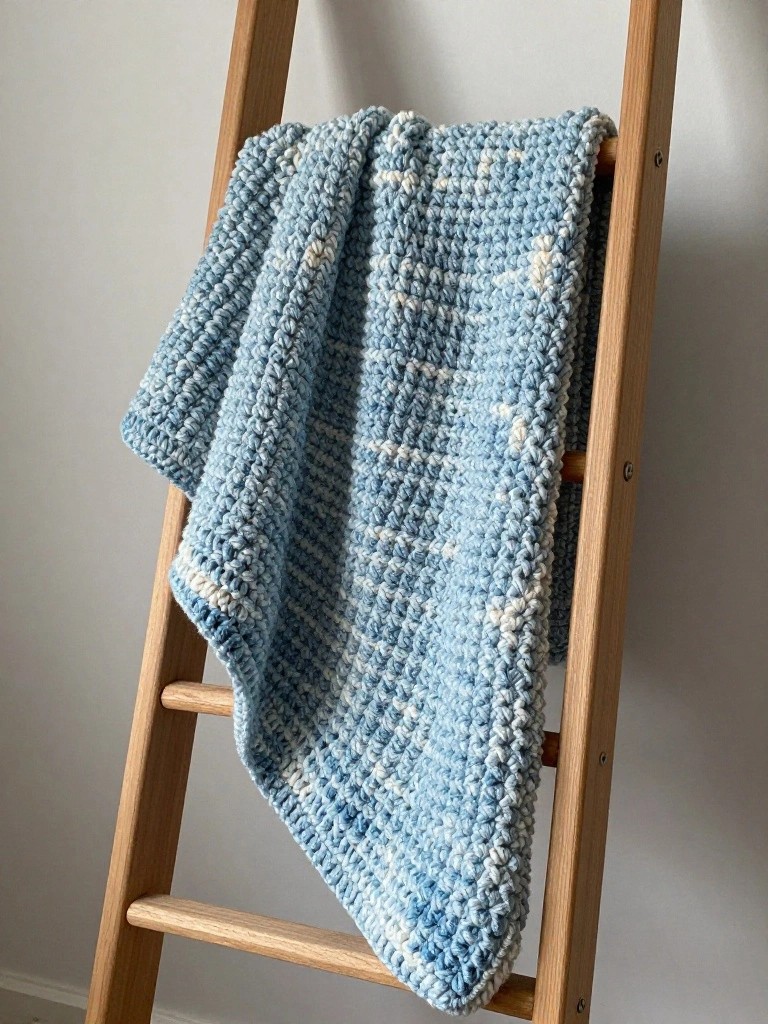 Light blue crochet blanket with white stripes draped over a wooden ladder against a white wall
