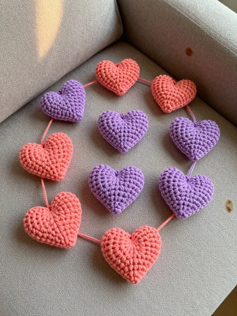 A string of small crocheted hearts in coral, red, and purple draped in a circle on a beige couch with sunlight filtering in.