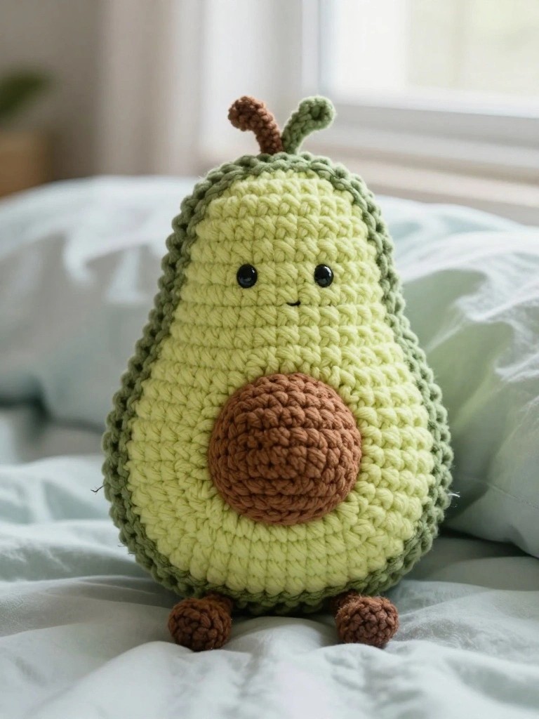 Crocheted light green avocado plush toy with brown pit, smiling face, feet, and stem, placed on a light blue bed against a window.