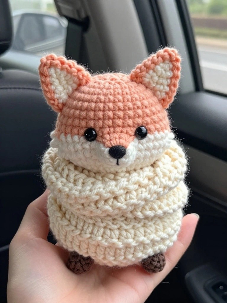 Hand holding a small orange-and-white crocheted fox plush with black eyes and a thick white scarf wrapped around its neck, posed on a car seat.