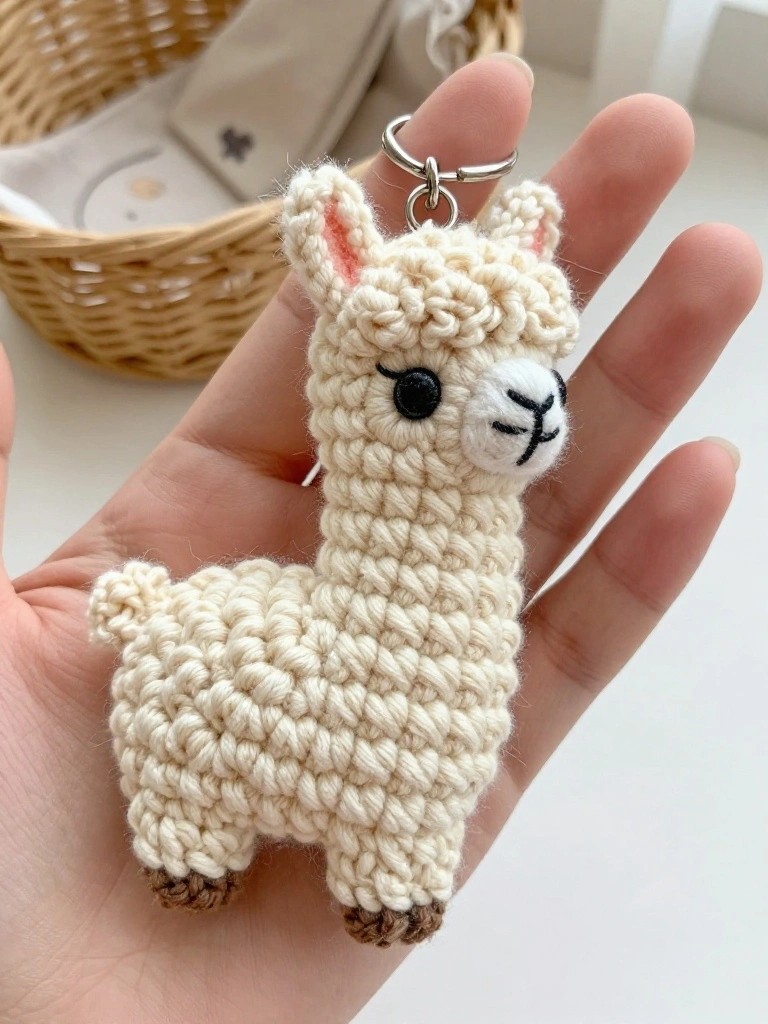 A hand holds a small cream-colored crocheted llama keychain with black eyes, white muzzle, and a silver keyring against a neutral background with a wicker basket.