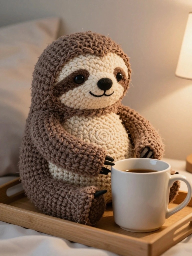 Handmade brown and cream crocheted sloth plush sitting on a bed, holding a white mug of tea on a bamboo tray next to a lamp and pillow.