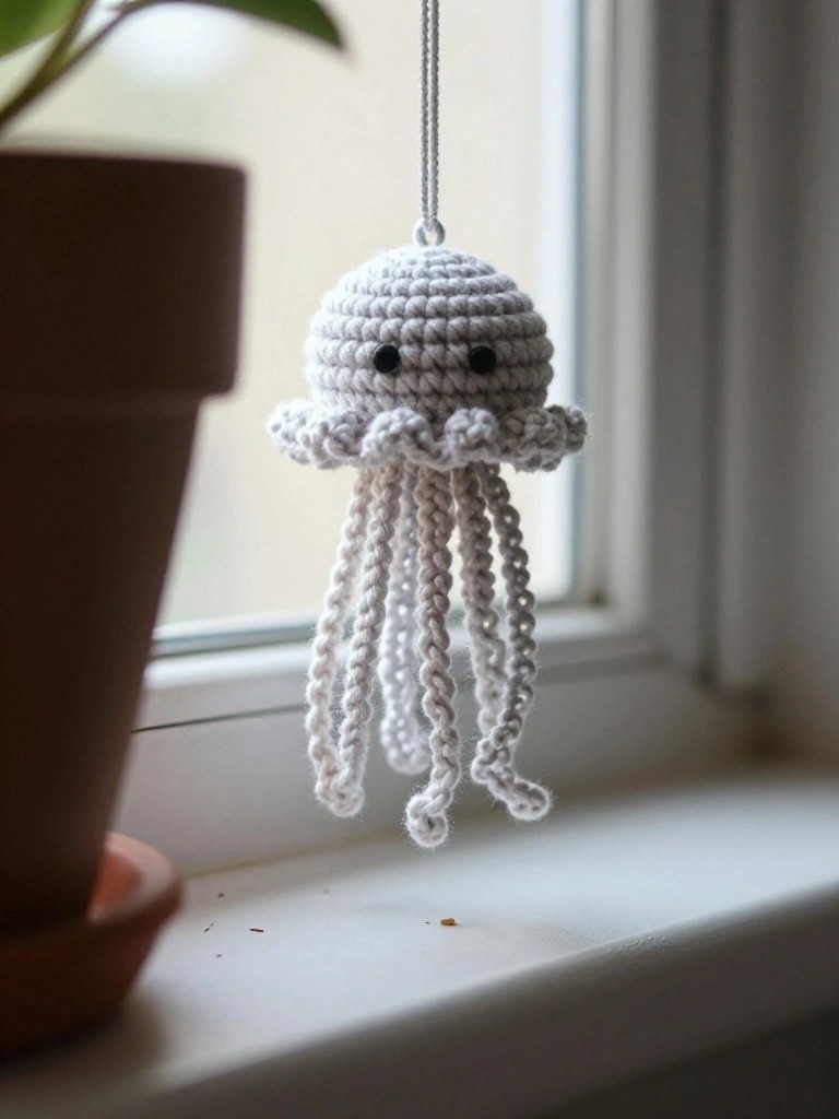 Crocheted white jellyfish ornament with round head, black eyes, and trailing tentacles hangs from a string next to a potted plant on a windowsill.