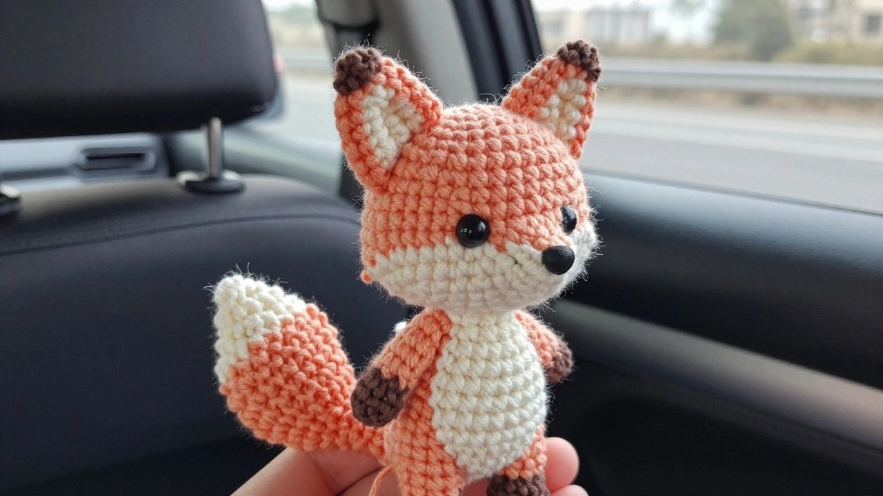 Hand holding a small orange-and-white crocheted fox plush with black eyes and a thick white scarf wrapped around its neck, posed on a car seat.