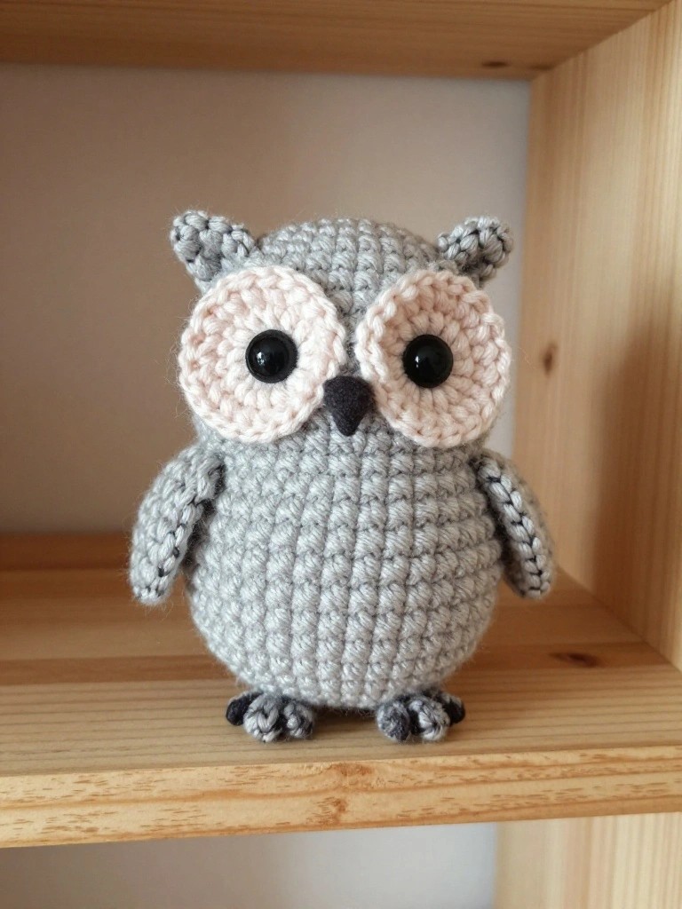 Small gray crocheted owl plush with big white and pink eyes, textured body, and orange feet on a wooden shelf