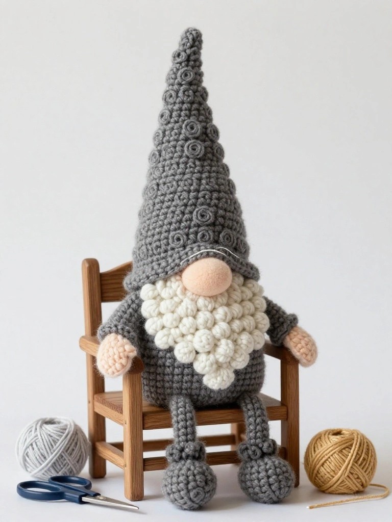 A gray crocheted gnome with white beard and tall hat sits on a small wooden chair, surrounded by gray yarn, gold yarn, scissors, and a crochet hook.