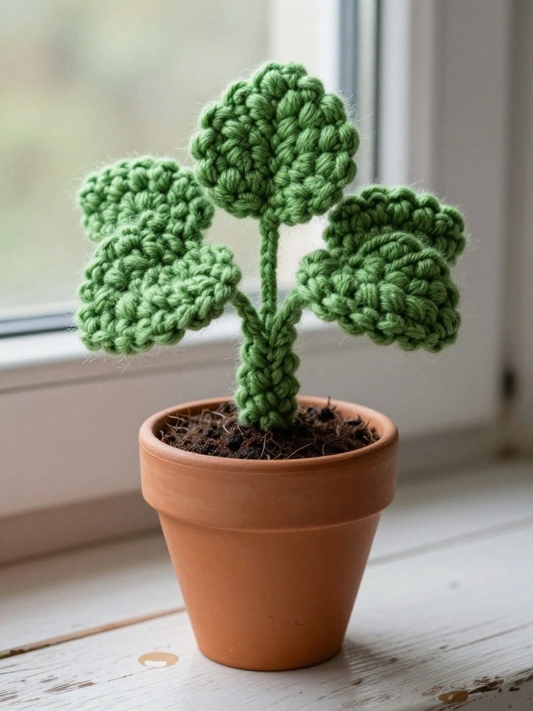 Crocheted green four-leaf clover plant with textured leaves and braided stem in a terracotta pot on a windowsill