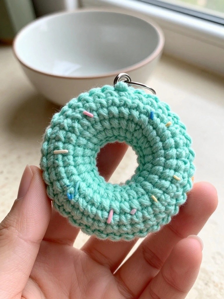 Hand holding a mint green crocheted donut keychain topped with pink, yellow, and blue sprinkles, next to a white bowl on a windowsill.