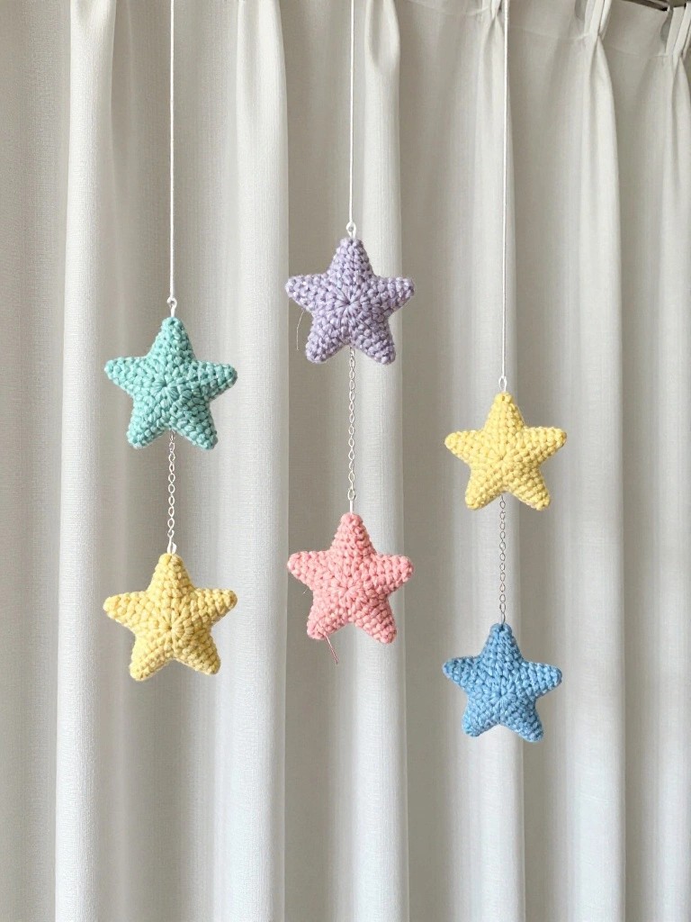 Five textured crochet stars in pastel purple, teal, yellow, pink, and blue hang from chains against white curtains.