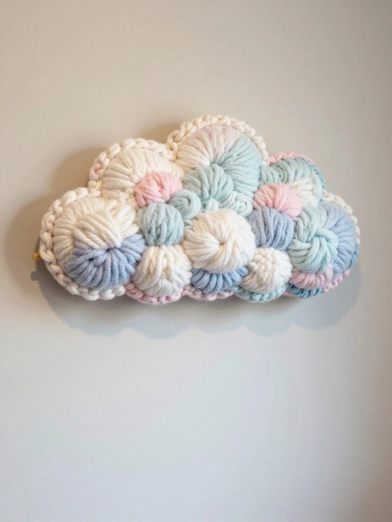 Crocheted cloud wall hanging made of fluffy yarn puffs in white, pink, blue, and mint, mounted on a beige wall with a small hook.