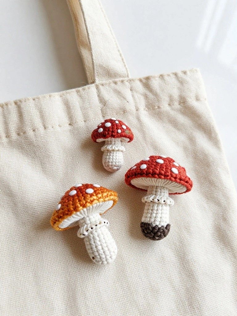 Three crocheted mushrooms with red and orange polka dot caps and white stems arranged on the front of a beige canvas tote bag.