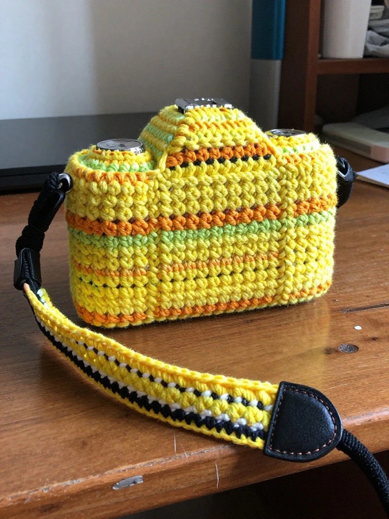 Handmade yellow crocheted camera case with orange and green stripes, shiny top details, and black shoulder strap on a wooden table.