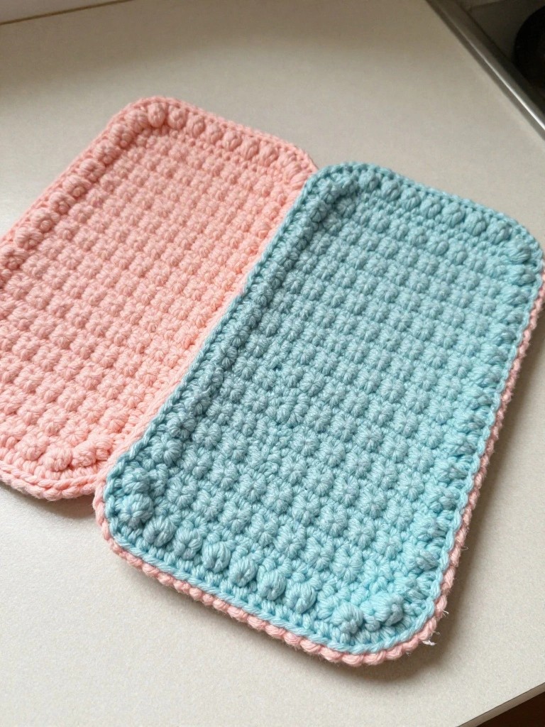 Two oval-shaped crochet trivets in soft pink and light turquoise with bumpy griddle-stitch textures and bordered edges on a kitchen countertop.