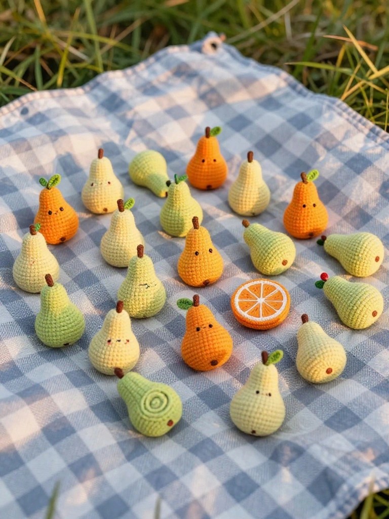 Close-up of about two dozen small crocheted pears in green and orange tones with stems and leaves, some with dot eyes, spread across a checkered picnic blanket on grass.