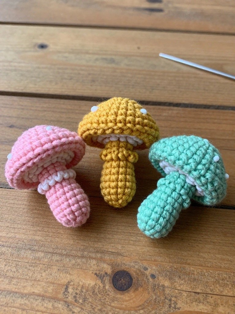 Three small handmade crocheted mushrooms in pink, yellow, and green with white spots on puffy caps, arranged on a wooden table beside a crochet hook.