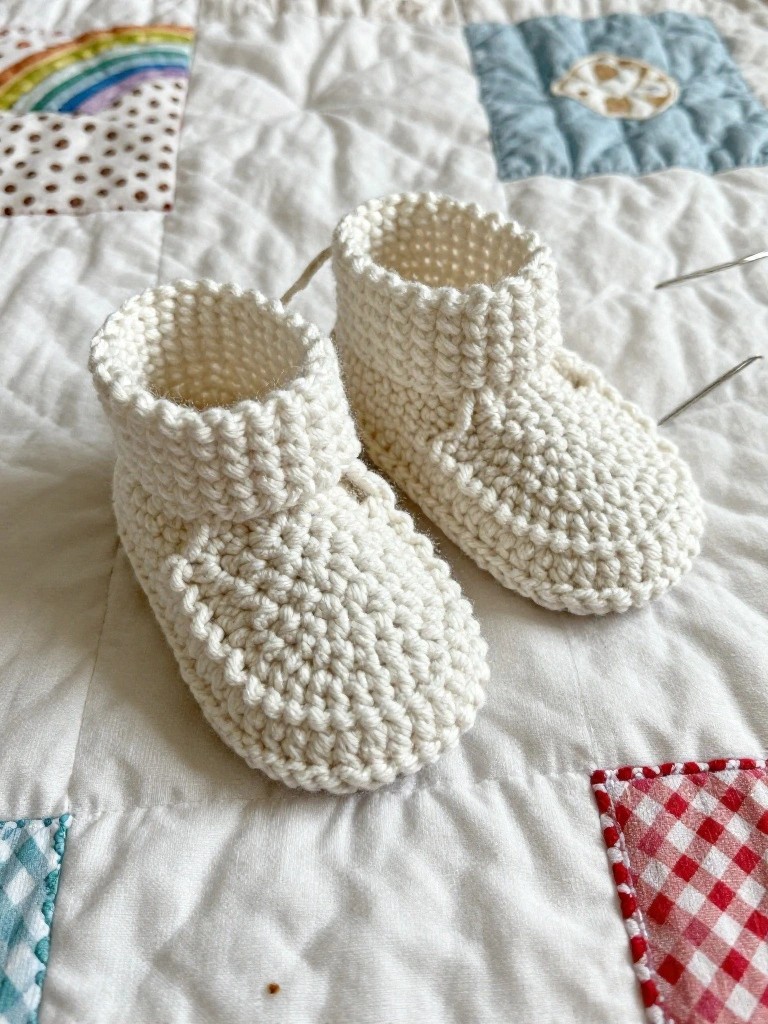 Pair of small white crocheted baby booties with high cuffs and textured stitches on a vibrant patchwork quilt, crochet needles still attached.