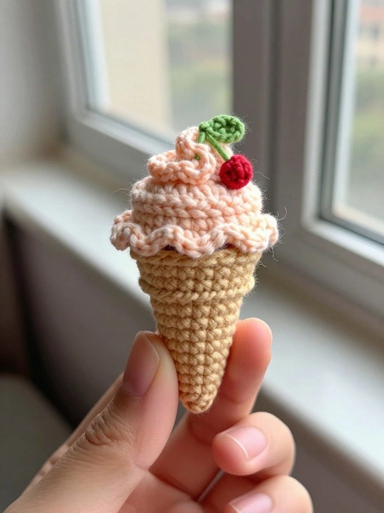 Tiny crocheted beige ice cream cone topped with pink swirled cream and a red cherry on a green stem, held in a hand against a window.