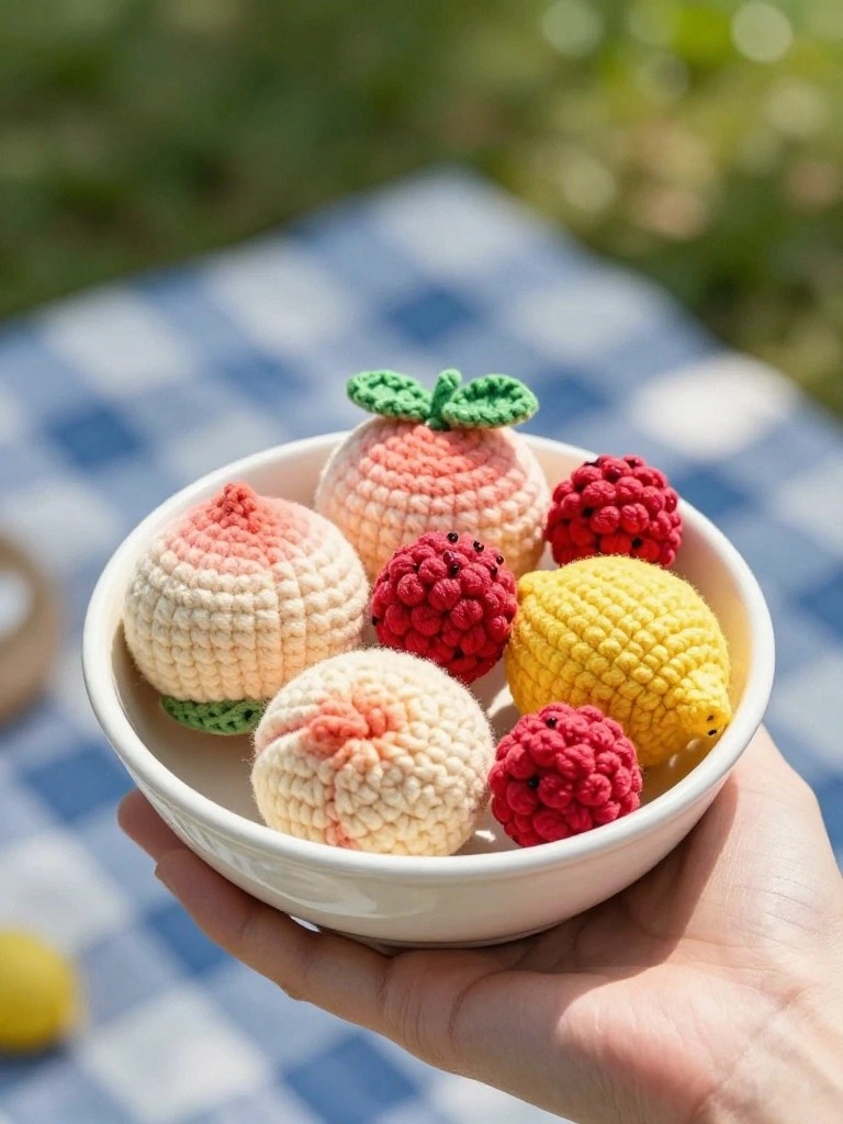 Hand holding a white bowl of small crocheted fruits including pink and cream peaches with green leaves, red seeded raspberries, and a yellow lemon on a checkered picnic blanket outdoors