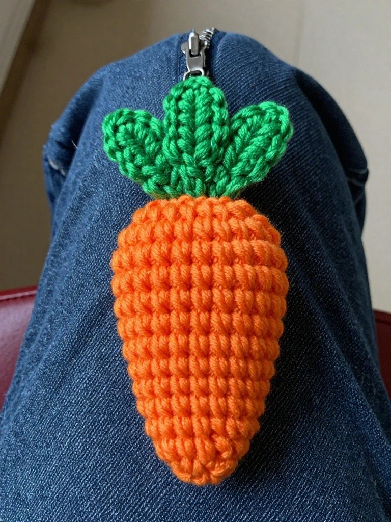 A small crocheted orange carrot with green leaves attached to a silver zipper pull on a blue denim bag.