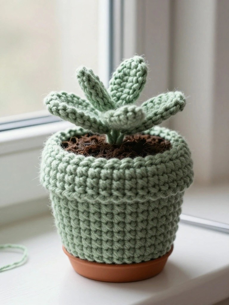 Crocheted mint green succulent with plump fuzzy leaves in a matching green pot cover on a terracotta saucer by a window.