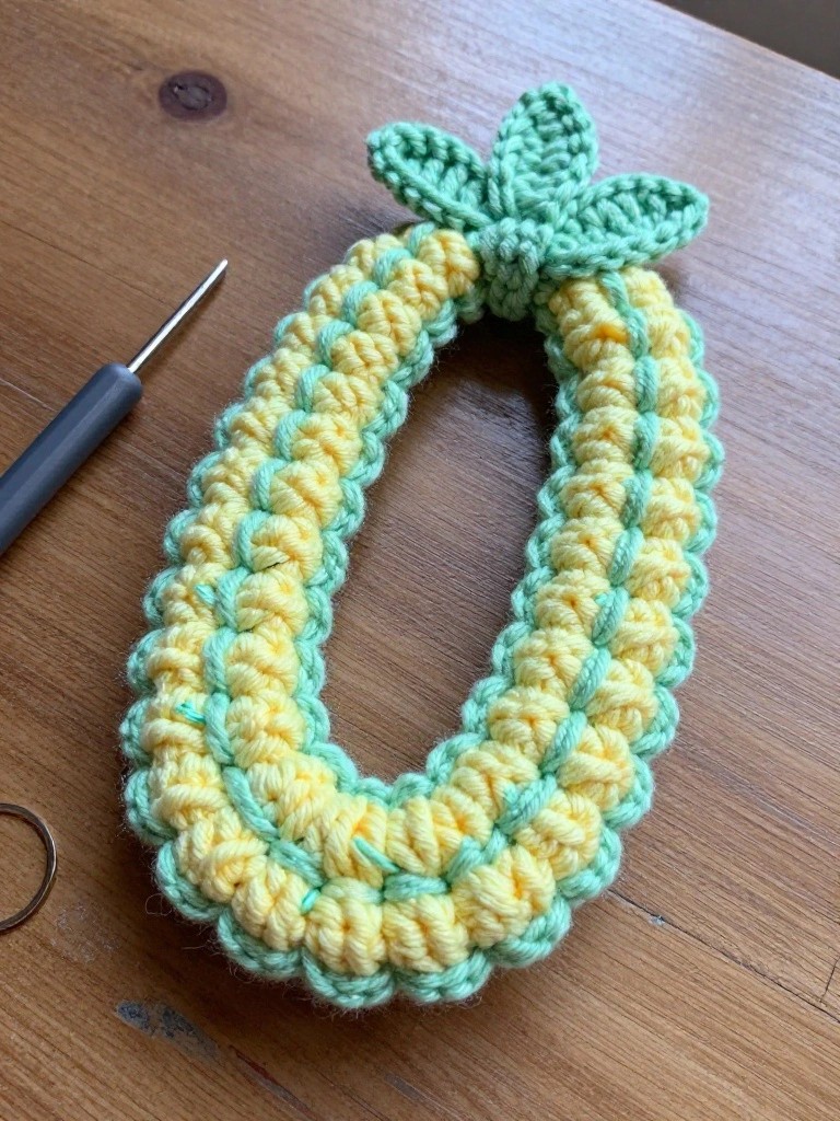 Close-up of a small crocheted yellow pineapple with green leaves and edging in an oval ring shape, metal ring at the base, on a wooden table with a crochet hook nearby.