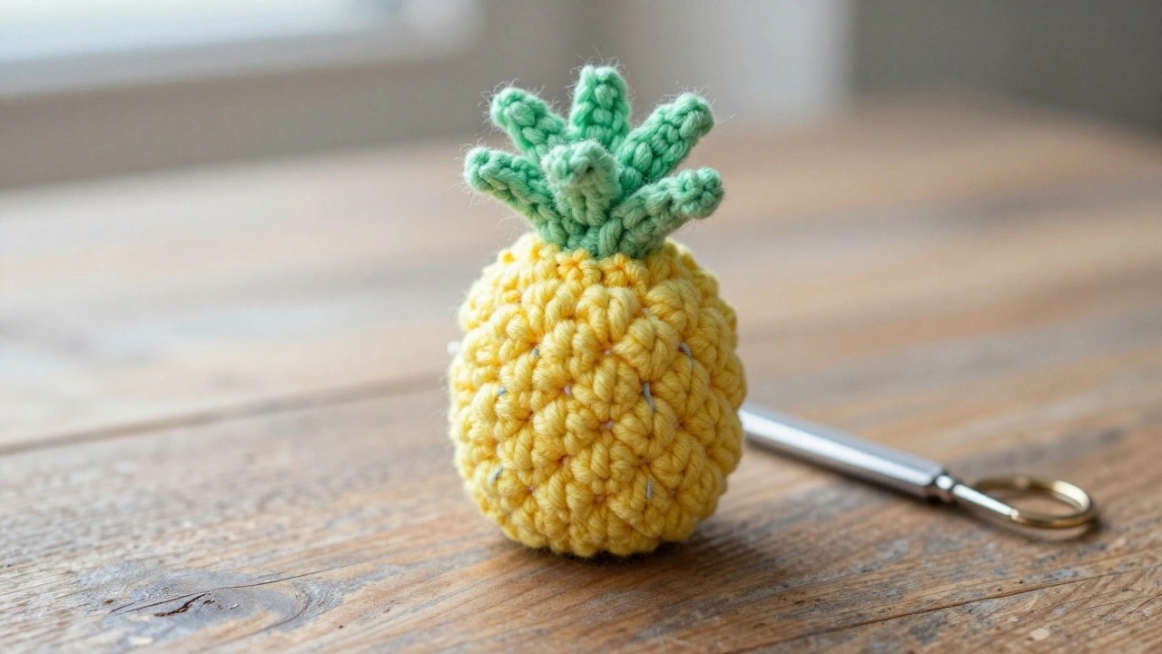 Close-up of a small crocheted yellow pineapple with green leaves and edging in an oval ring shape, metal ring at the base, on a wooden table with a crochet hook nearby.