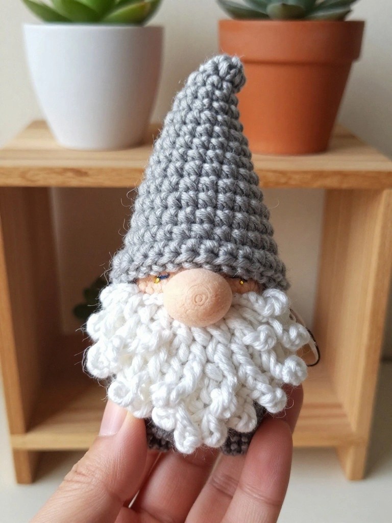 A small gray crocheted gnome with a pointy hat, fluffy white beard, and gold bead eyes sits on a wooden shelf amid potted plants, held in a hand to show its mini size.