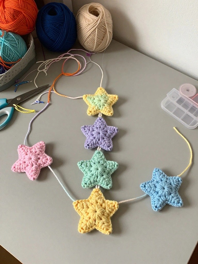 Close-up of a handmade crochet garland with small pastel stars in pink, purple, yellow, green, and blue strung on yarn, surrounded by yarn balls, scissors, and craft tools on a table.