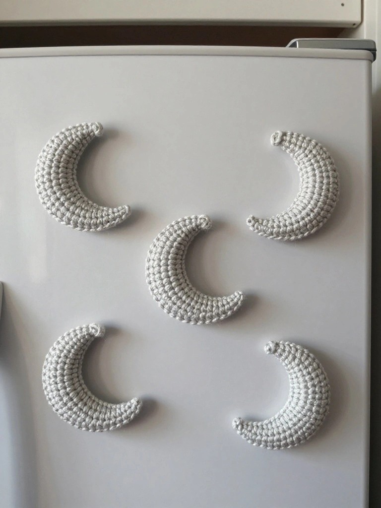 Five textured white crochet crescent moon magnets with pearl beads attached to a plain white fridge door.