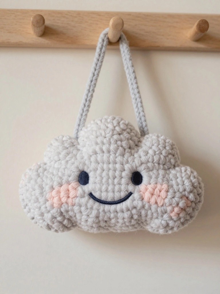 Crocheted gray cloud pouch with smiling face and pink cheeks hanging by cord straps from wooden peg rail on white wall
