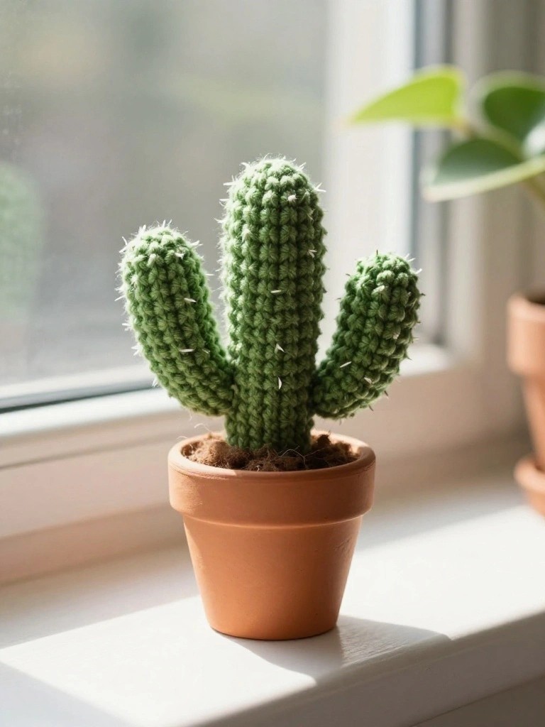 A small handmade green crochet cactus with three fuzzy arms and white spines planted in a terracotta pot on a sunny windowsill next to a real potted plant.