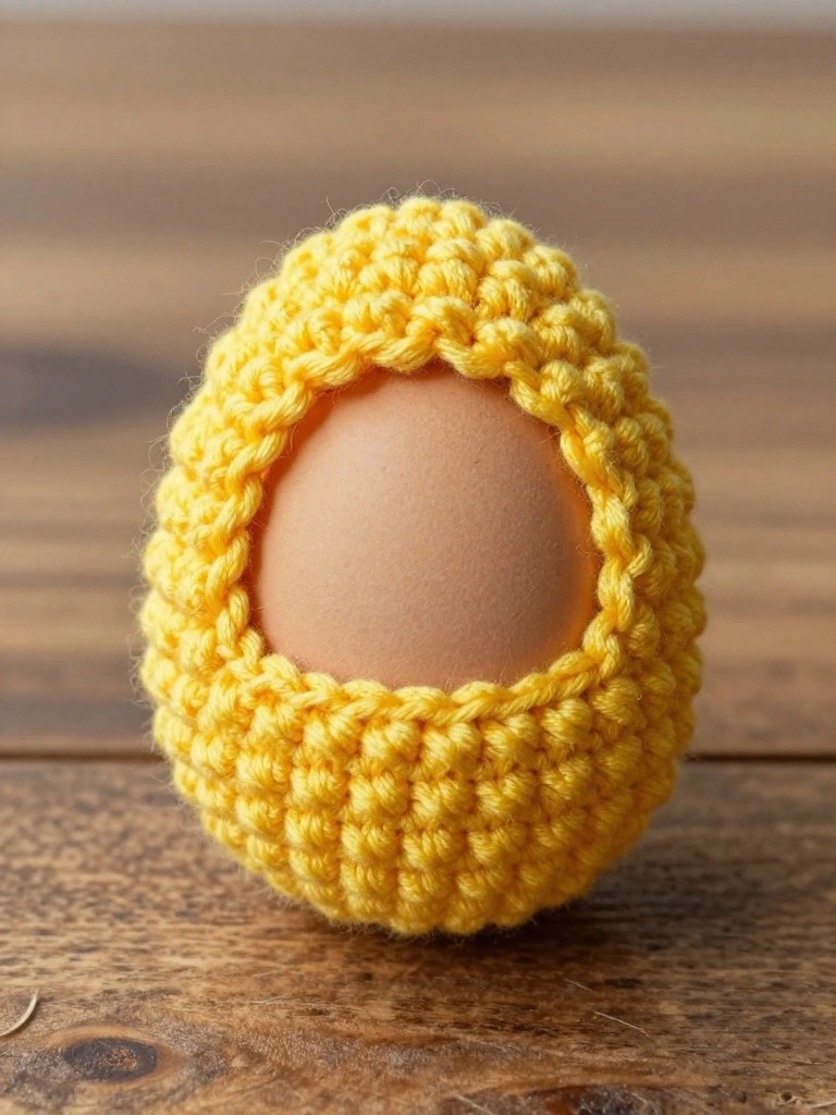 Bright yellow crocheted egg cozy with bobble texture hugging a beige egg, oval opening exposing the shell, on a wooden table