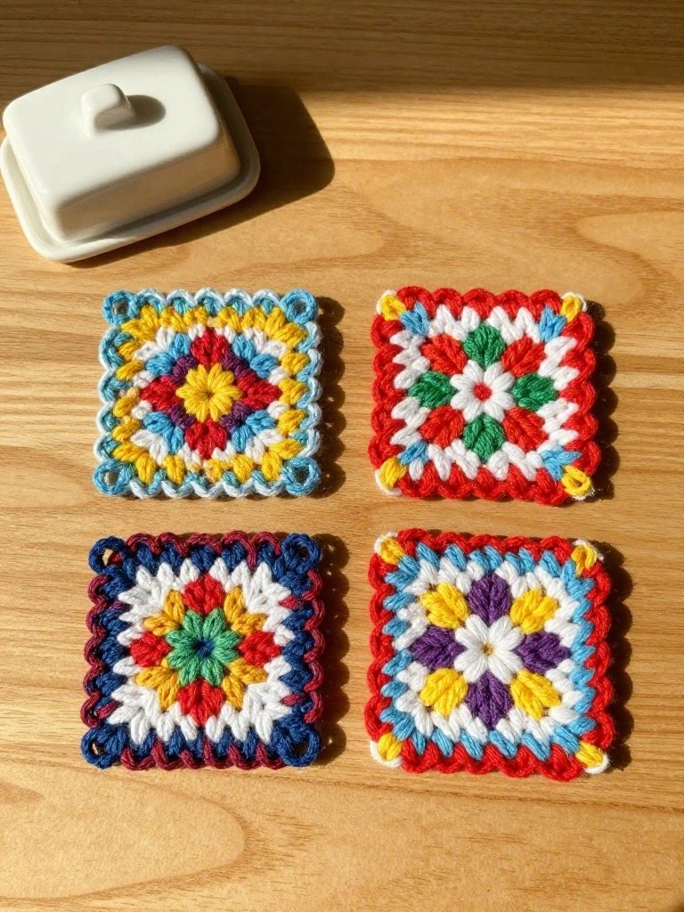 Four multicolored crochet granny square coasters with scalloped edges on a wooden table next to a white butter dish.
