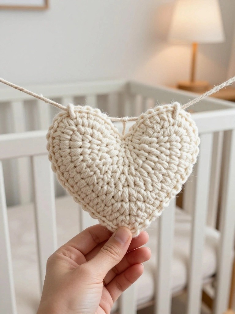 Creamy white crocheted heart hangs from twine across a white crib, held by a hand in a softly lit nursery.